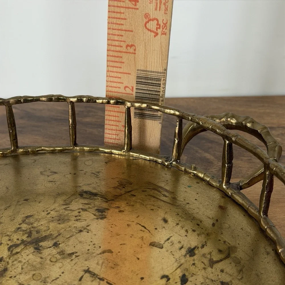 Vintage Brass Serving Tray Faux Bamboo Hollywood Regency Style Oval Large *Wear*